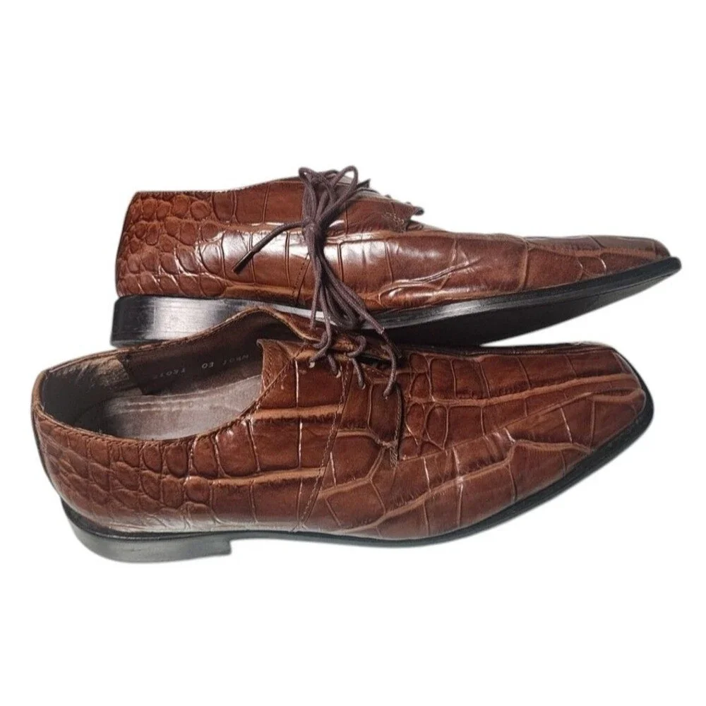 Stacy Adams Croc-Embossed Brown Leather Dress Shoes Size 10.5 Square Toe Vintage